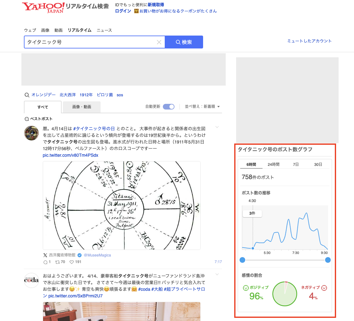 Yahoo!リアルタイム検索の画面キャプチャ