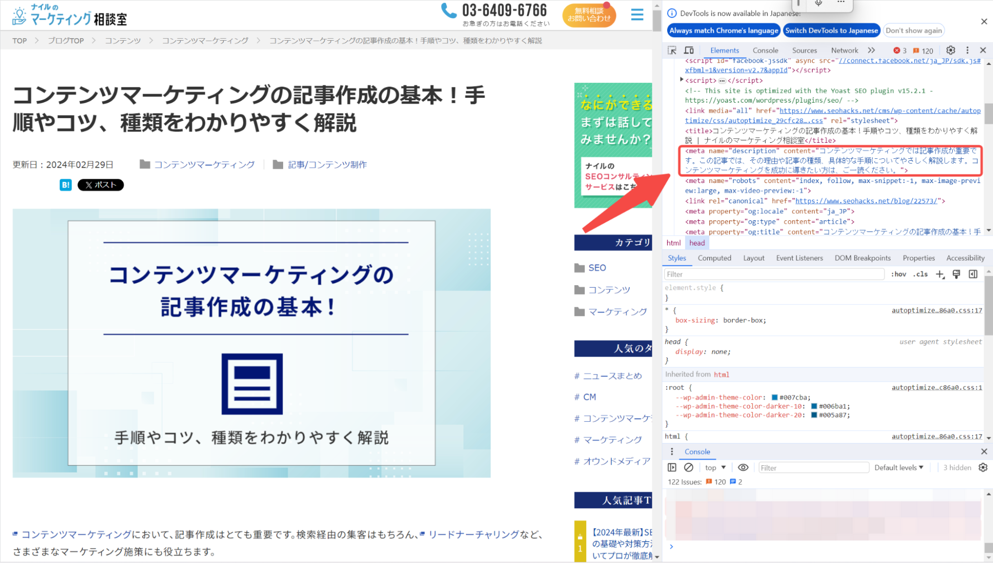 「デベロッパーツール」を開いた時のページ画像