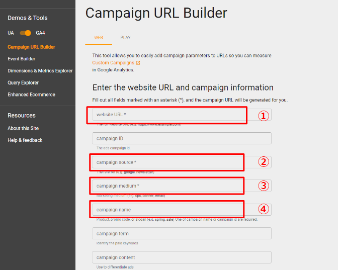 Campaign URL Builderのスクリーンショット　①website URL ②campaign source ③campaign medium ④campaign name