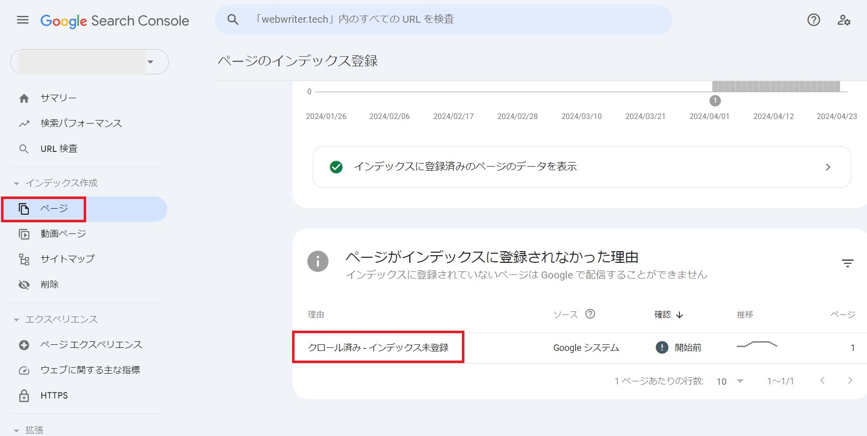 Googleサーチコンソール「ページがインデックスに登録されなかった理由」のキャプチャ画像