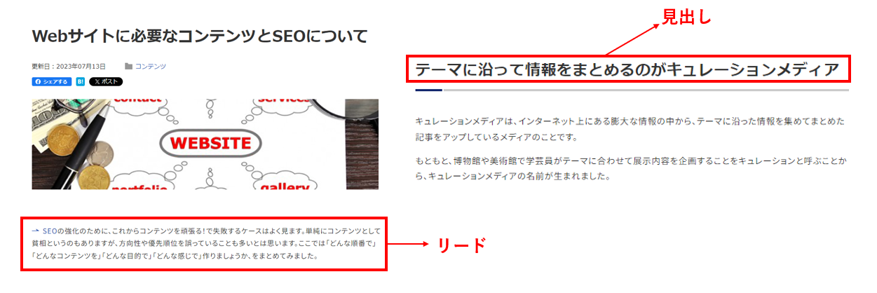 リード文と見出しの違いを説明している画像