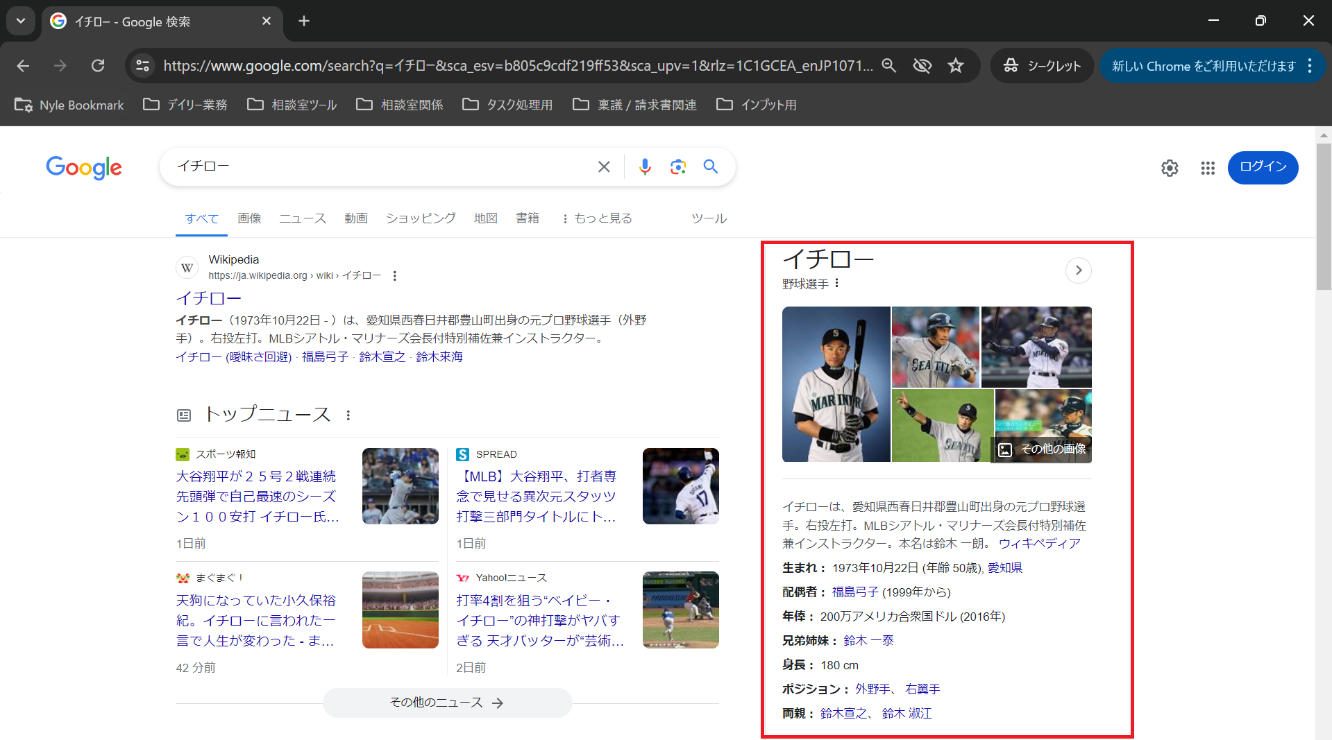 「すべて」：「トップニュース」に「イチロー」に関するニュースボックスと下に自然検索、右横にイチロー情報が大きく表示（ナレッジグラフ）されているGoogle検索結果画面キャプチャ