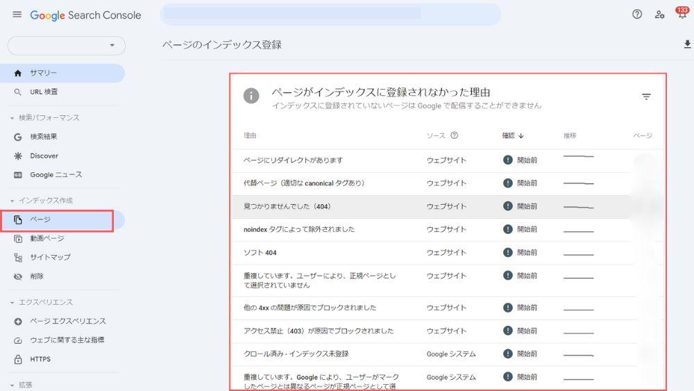 Google Search Consoleの「ページがインデックスに登録されなかった理由」のページ画像