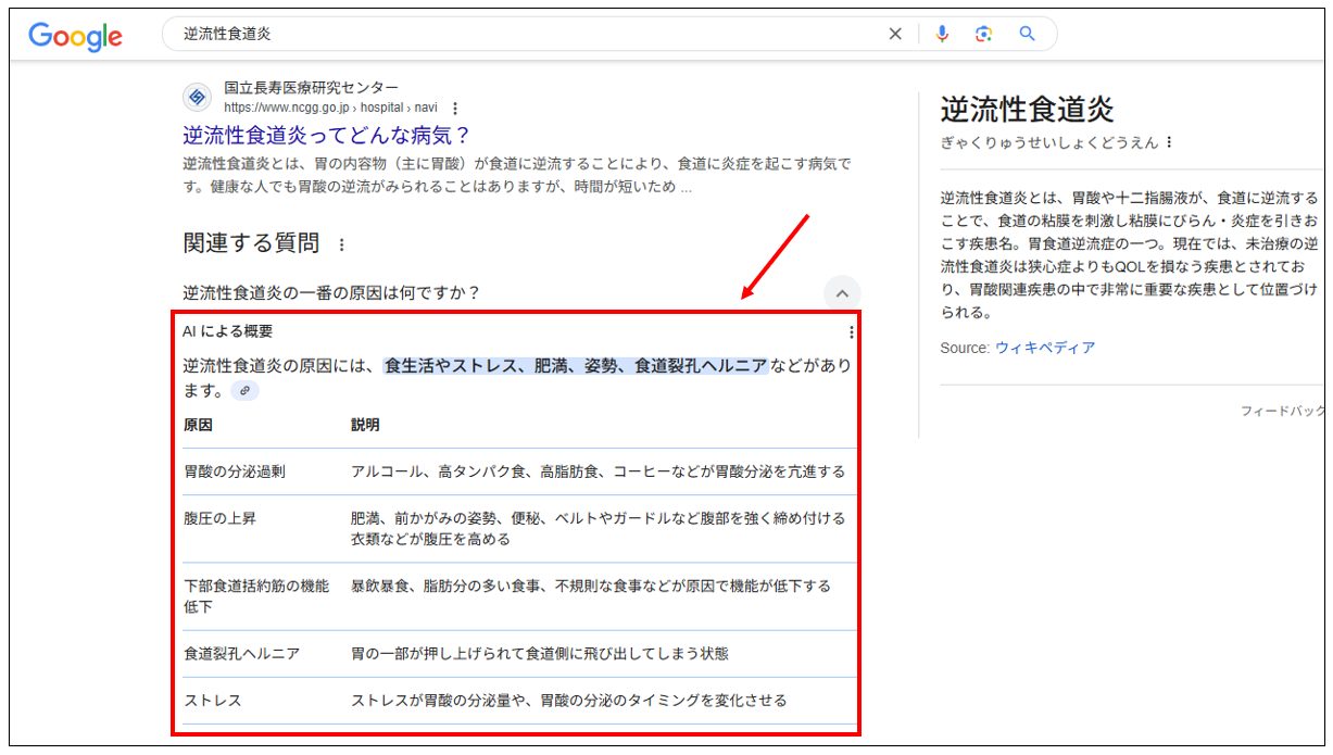 「関連する質問」の回答にAIによる概要が利用されている例