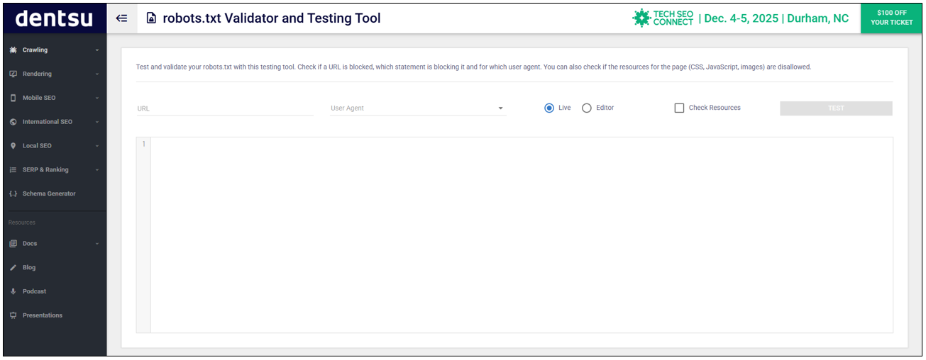 robots.txt Validator and Testing Toolトップ画面
