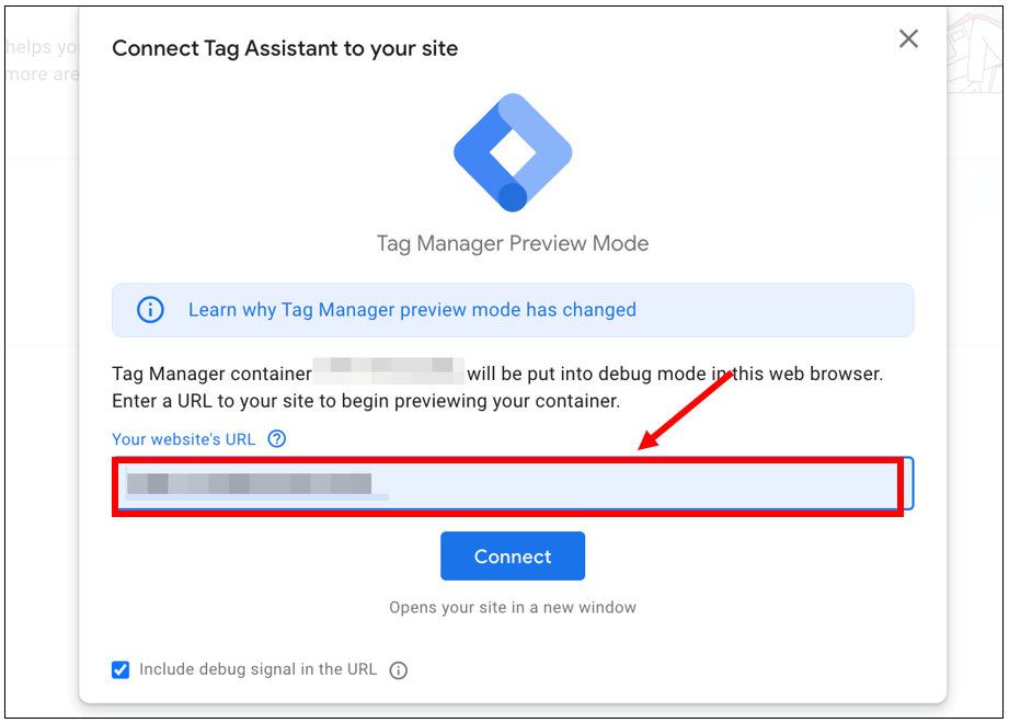 Googleタグマネージャーのプレビューモード画面。確認したいサイトURLの入力欄を赤枠で示している。