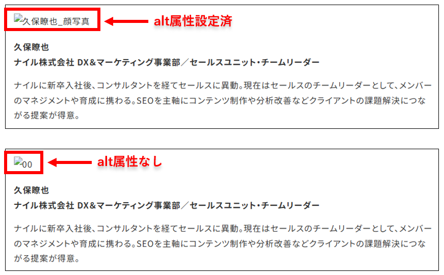 alt属性の有無による見え方の違いを示した表示例