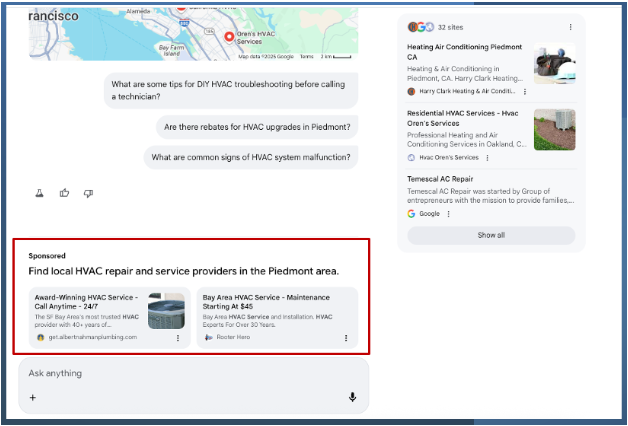 AIモードにて、HVAC(空調設備)修理に関するプロンプトで広告(赤枠)が表示されたスクリーンショット。