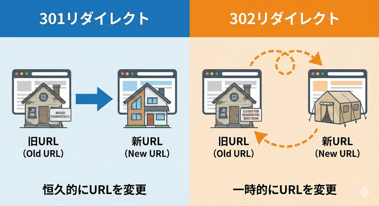 301と302リダイレクトの違いを旧URLと新URLで説明する図