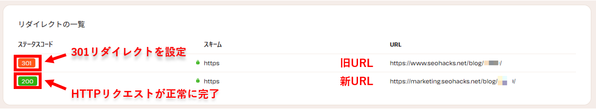 301リダイレクト設定で旧URLから新URLへ正しく転送されたことを示す画面図