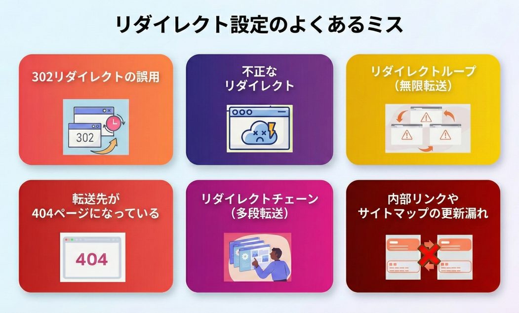 リダイレクト設定で起こりがちなミスを6項目で説明する図
