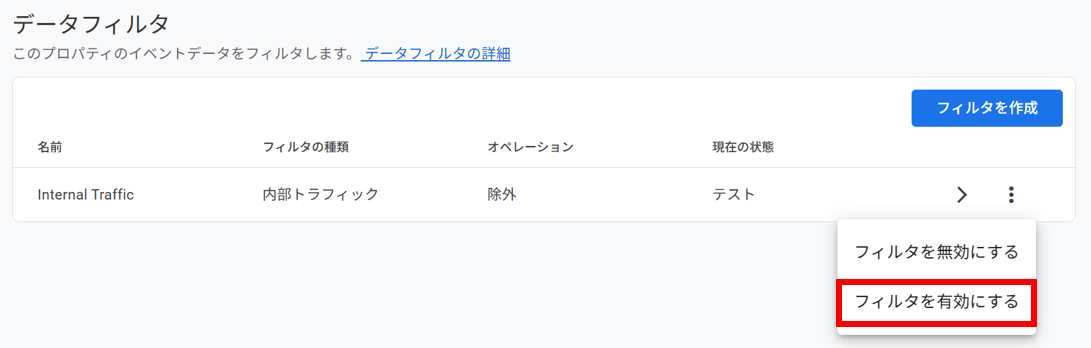 GA4のデータフィルタ画面でInternal Trafficフィルタを有効にして内部IPを除外する設定