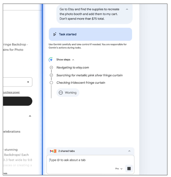 Google ChromeのGeminiがタスクを開始し、商品検索や手順を自動実行している進行状況画面