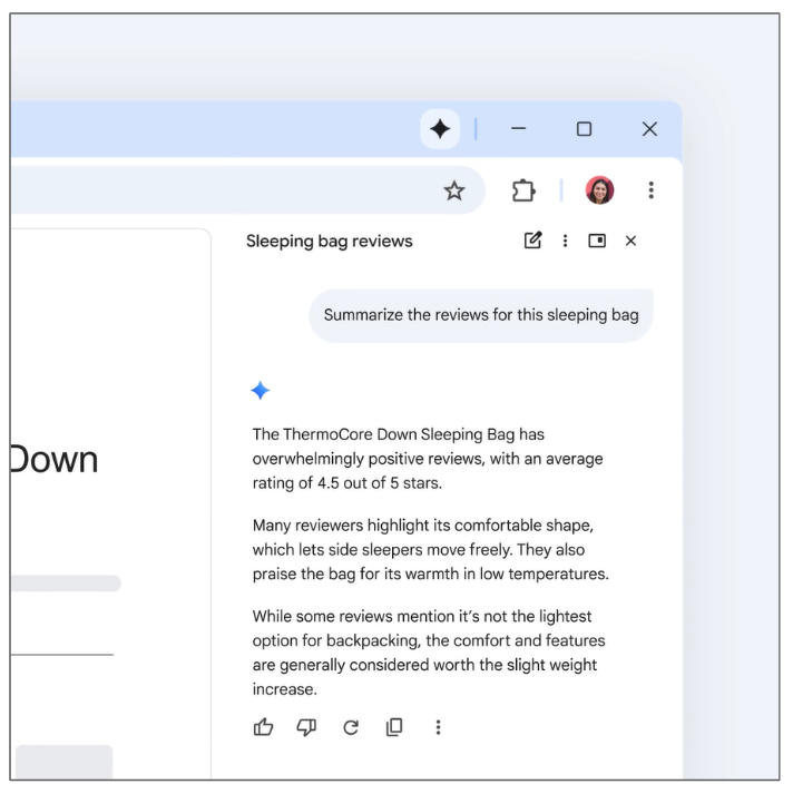 Google Chromeのブラウザ右側に表示されたGemini機能。商品ページのレビュー内容を自動で要約している画面
