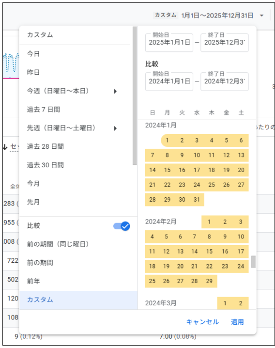 GA4の期間設定画面でカスタム日付を指定し、前年などと比較する設定方法を示す画面