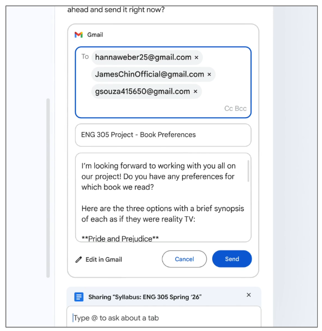 Google ChromeのGemini機能からGmailの下書きを作成し、複数の宛先にメール送信を準備している画面