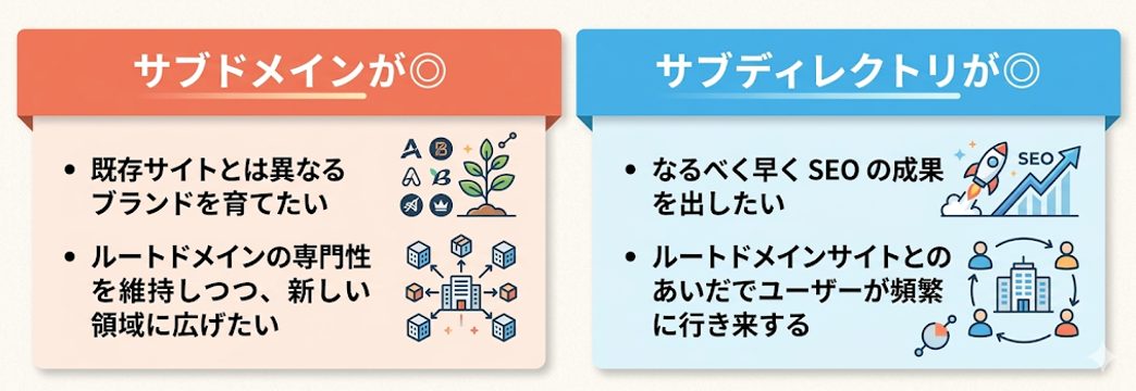 サブドメインとサブディレクトリの使い分け方を比較した図