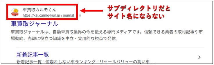 サブドメインでもルートドメイン側のサイト名が表示されるケースの検索結果例