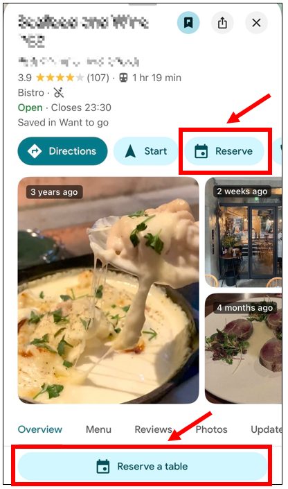 Googleマップのレストラン画面で予約ボタンから席を確保する従来機能